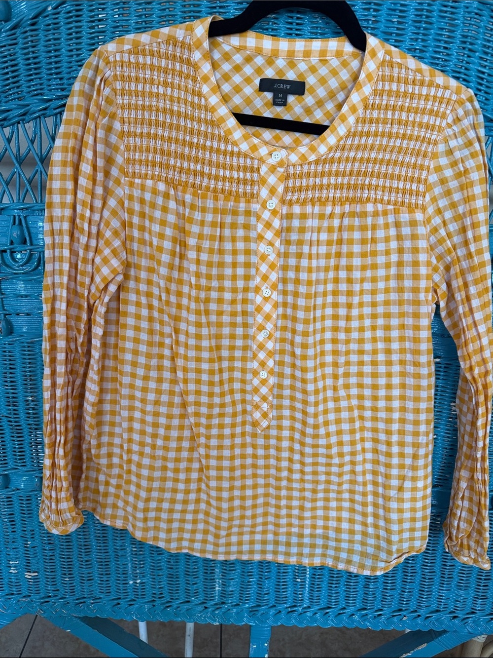 J. Crew smocked neck gingham long sleeve blouse